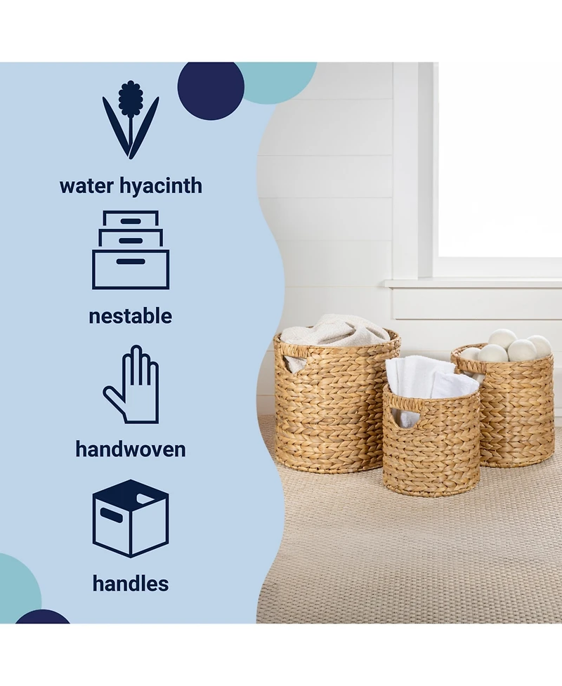 Avery Bohemian Cottage Hand-Woven Hyacinth Cylinder Nesting Baskets with Handles (Set of 3)