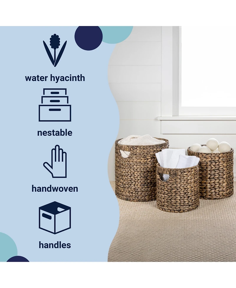 Avery Bohemian Cottage Hand-Woven Hyacinth Cylinder Nesting Baskets with Handles (Set of 3)