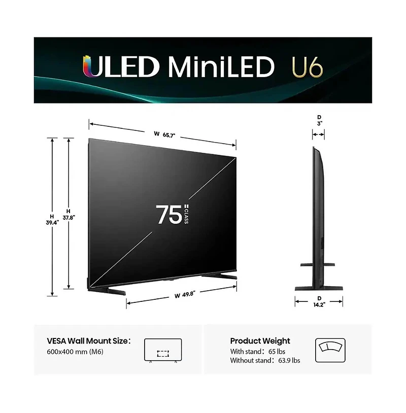 Hisense 75" Class U6 Series 4K Mini-led Qled Uhd Smart Fire Tv - 75U65QF