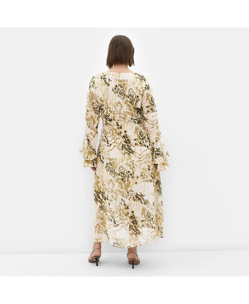 City Chic Plus Plunge Frill Print Maxi Dress