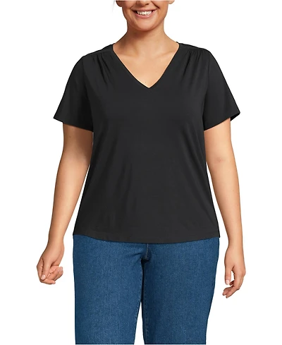 Lands' End Women's Plus Short Sleeve Lightweight Jersey Gathered Shoulder T-Shirt