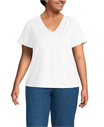 Lands' End Women's Plus Short Sleeve Lightweight Jersey Gathered Shoulder T-Shirt