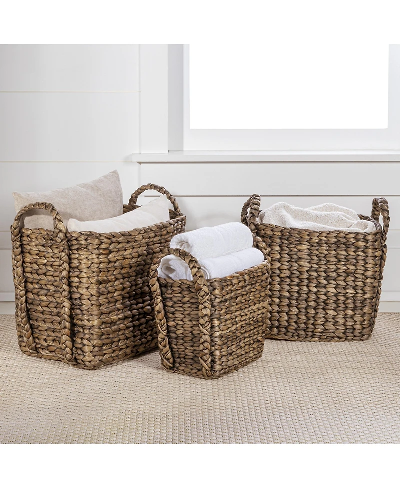 Clara Farmhouse Classic Hand-Woven Hyacinth Rectangle Storage Floor Baskets with Handles (Set of 3)