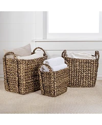 Clara Farmhouse Classic Hand-Woven Hyacinth Rectangle Storage Floor Baskets with Handles (Set of 3)
