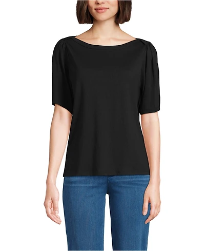 Lands' End Women's Elbow Sleeve Supima Cotton Boatneck T-Shirt