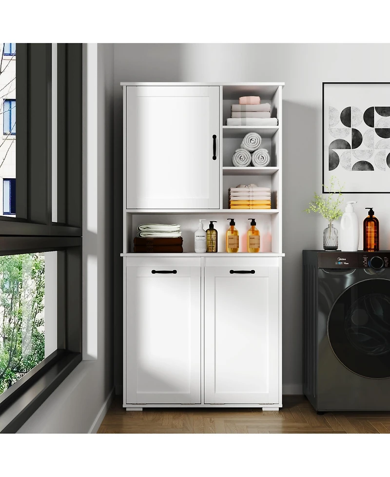Casainc Laundry Cabinet with Doors, Tilt-Out Hamper, Open and Adjustable Shelves