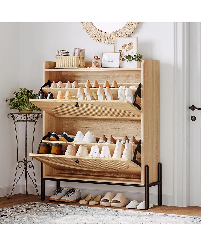 Ironck Shoe Cabinet Storage with 2 Flip Drawers, Oak