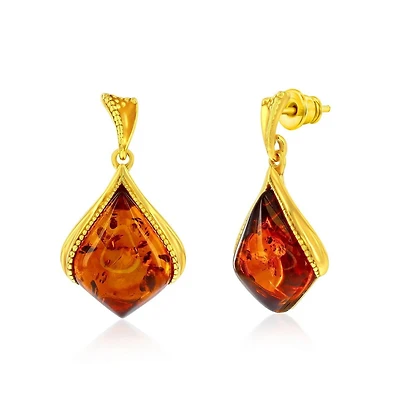 Caribbean Treasures Sterling Silver, Amber Marquise Dangle Earrings - Gold Plated