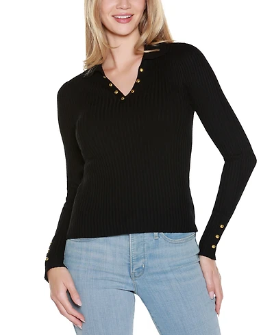 Belldini Women's Long Sleeve Johnny Collar Sweater