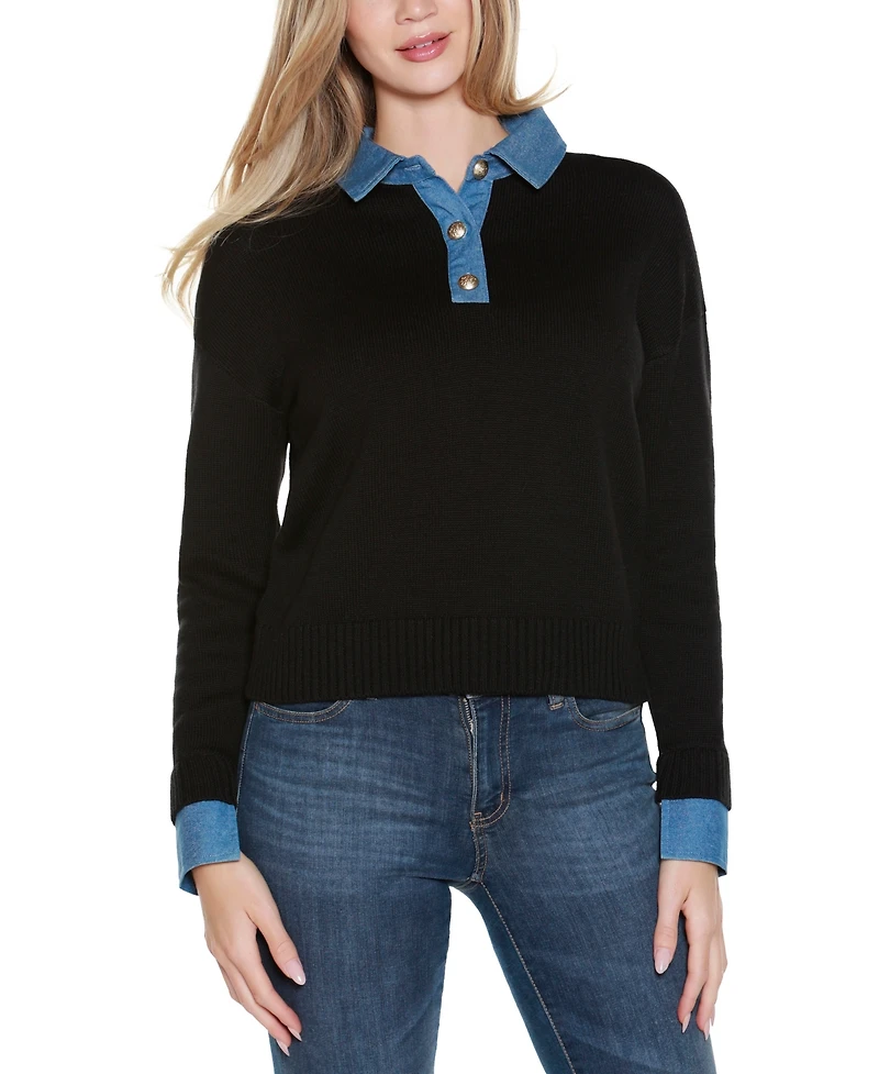 Belldini Women's Denim-Trim Twofer Sweater