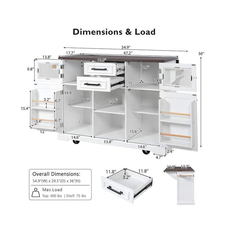 Maison Boucle 54.9" Rolling Kitchen Island with Drop Leaf & Power Outlet, Farmhouse Storage Cart with Adjustable Shelves-Maison Boucle