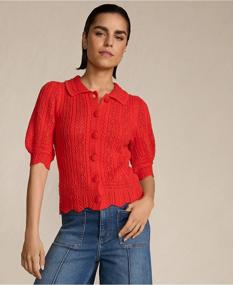 Lands' End Women's Lace Pointelle Puff Sleeve Cardigan Sweater
