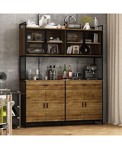 Homsee High quality black iron frame, 4-door iron mesh steel wood cabinet, storage cabinet, pantry
