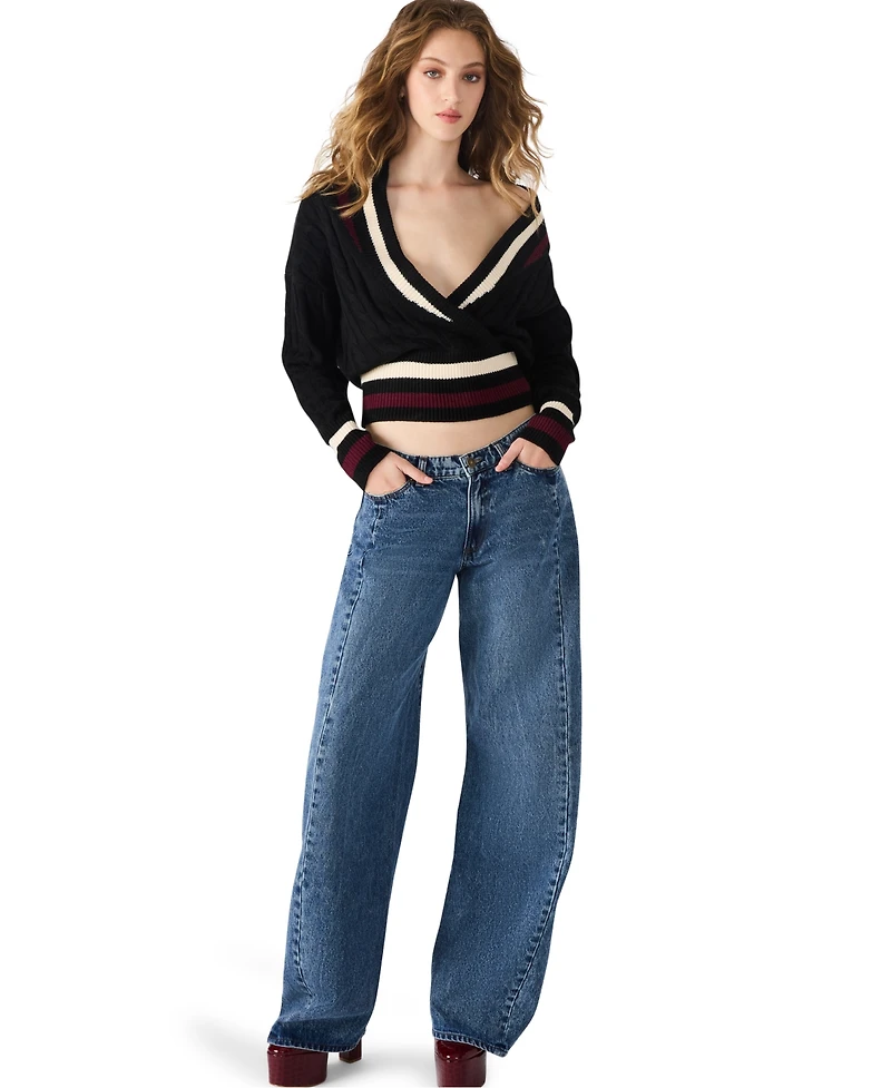 Steve Madden Women's Addison V-Neck Varsity Cable Sweater