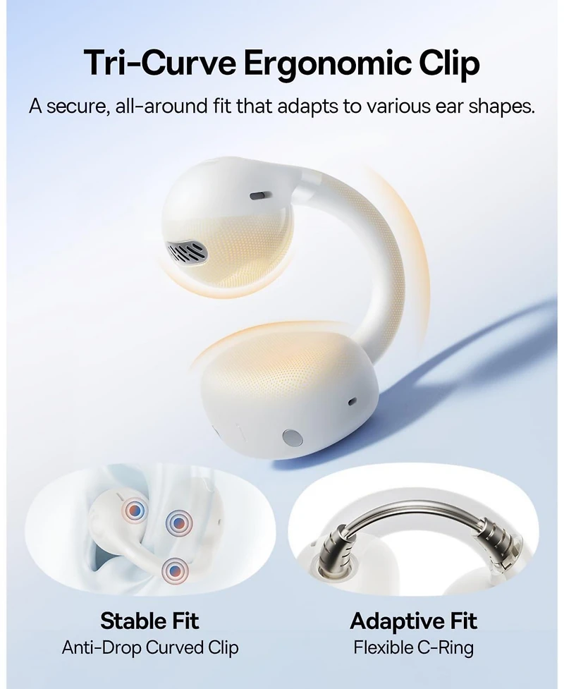 Baseus Bass BC1 Open Ear Earbuds Clip-On Headphones, Open-Ring Comfort with Tri-Curve Snug Clip,4-Mic Clear Calls, IP55 Waterproof, 38H Playtime