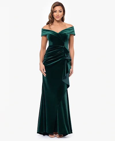Xscape Women's Off-The-Shoulder Ruffle Velvet Dress