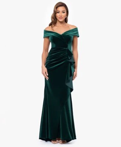 Xscape Womens Off The Shoulder Ruffle Velvet Dress