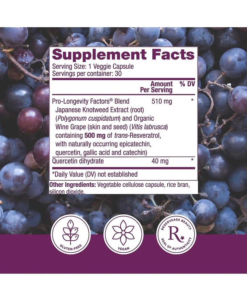 Reserveage, Resveratrol 500 mg, Antioxidant Supplement for Heart and Cellular Health, Supports Healthy Aging, Paleo, Keto, 30 Capsules