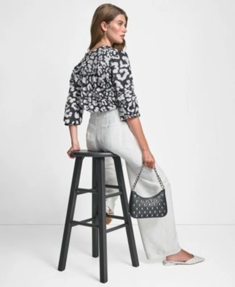 Dkny Womens Long Sleeve Printed Split Neck Button Front Top Stitched Crinkle Trousers