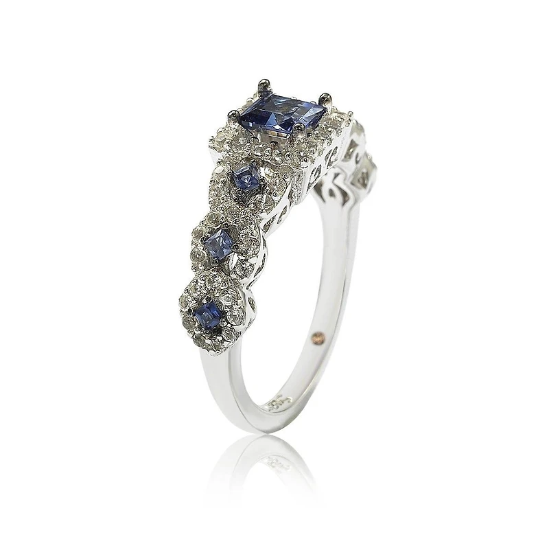 Suzy Levian Sterling Silver Assher Cut Sapphire and Created White Proposal Ring