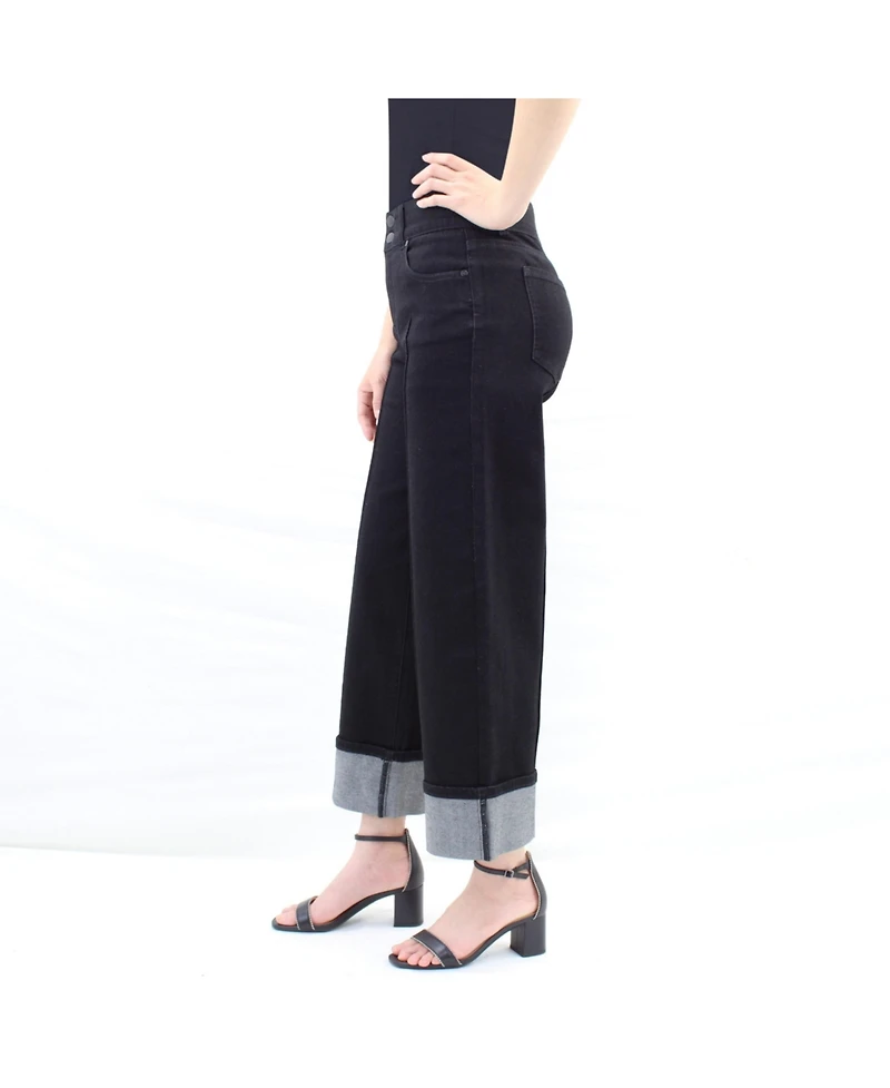 Indigo Poppy Black High-Rise Wide-Leg Cropped Cuff Tummy Tuck Jeans