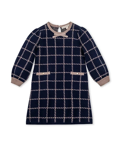 Hope & Henry Little and Big Girls' Organic Puff Sleeve Bow Detail Intarsia Sweater Dress