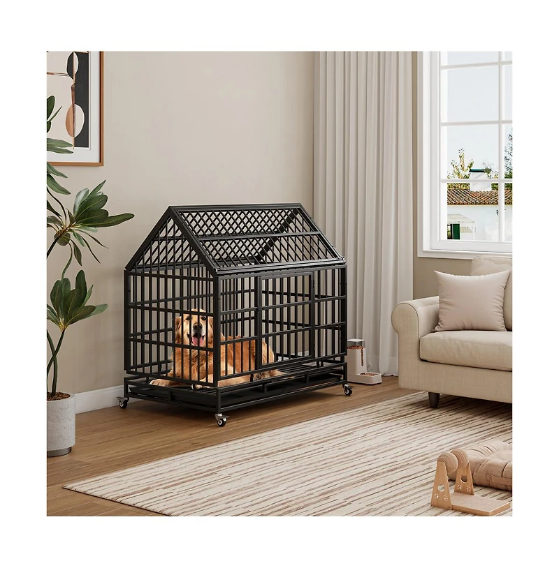 Aostirmotor Black Metal 48 in. Heavy Duty Dog Crate with Wheels, Folding Big Dog Cage with a pointed roof and Removable Tray