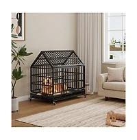 Aostirmotor Black Metal 48 in. Heavy Duty Dog Crate with Wheels, Folding Big Dog Cage with a pointed roof and Removable Tray