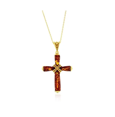 Caribbean Treasures Sterling Silver, Amber Cross Pendant - Gold Plated