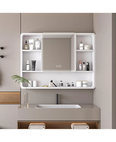 Casainc 35×28 Inch Aluminum Mirror Cabinet with Defogging and 3-Color Led Light - White
