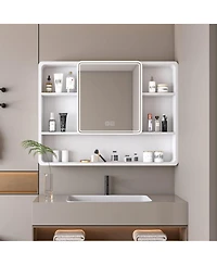 Casainc 35×28 Inch Aluminum Mirror Cabinet with Defogging and 3-Color Led Light - White
