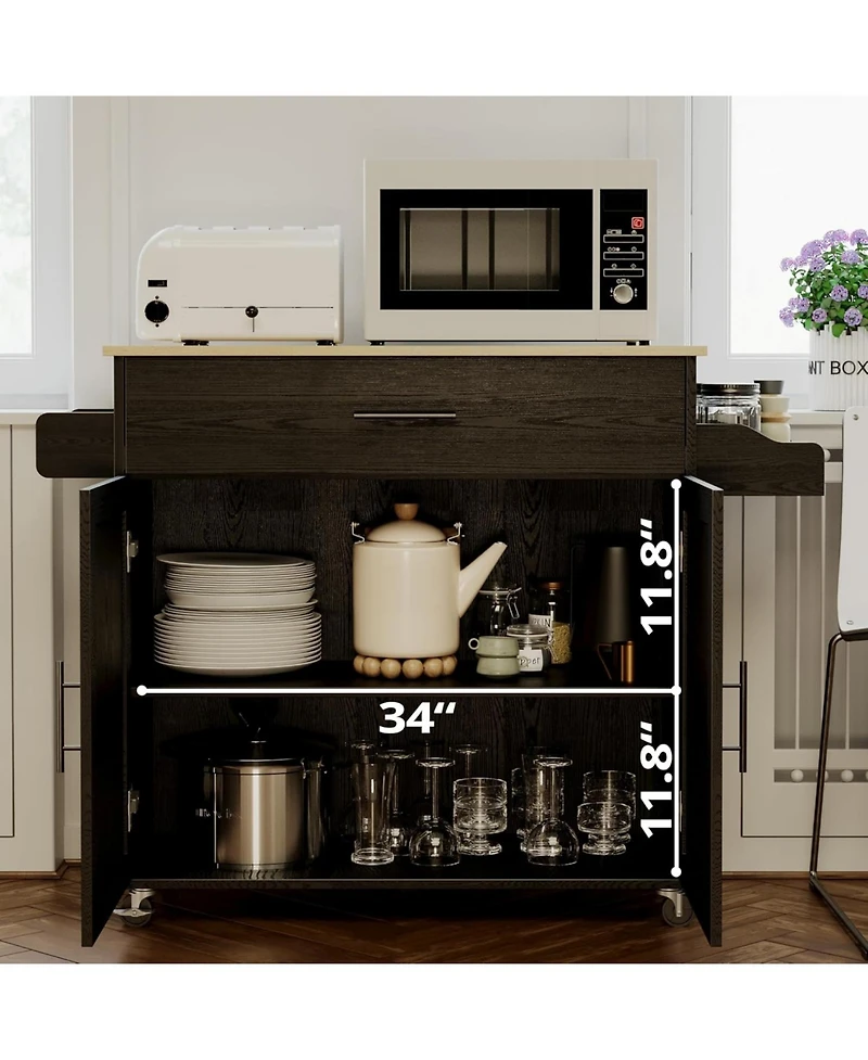 Ironck Rolling Kitchen Island with Drop Leaf, Storage Cabinet, Drawer, Black