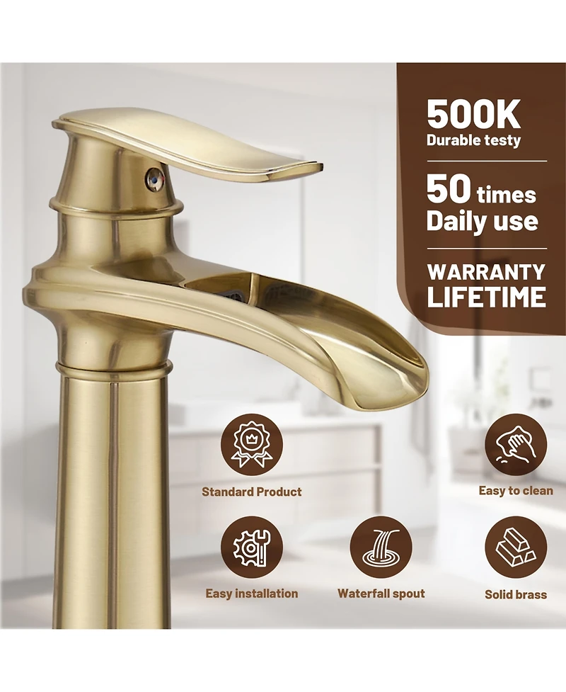 Waterfall Single Hole Handle Bathroom Vessel Sink Faucet With Pop-up Drain Assembly Matte Black & Gold