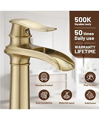 Waterfall Single Hole Handle Bathroom Vessel Sink Faucet With Pop-up Drain Assembly Matte Black & Gold