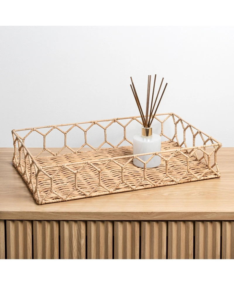 Jonathan Y Honeycom Rustic Bohemian Hand-Woven Rattan Tray