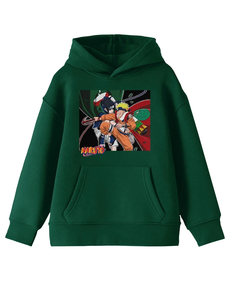 Naruto Sasuke & Naruto In Action Long Sleeve Youth Forest Green Hooded Sweatshirt-Medium