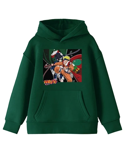 Naruto Sasuke & Naruto In Action Long Sleeve Youth Forest Green Hooded Sweatshirt-Medium