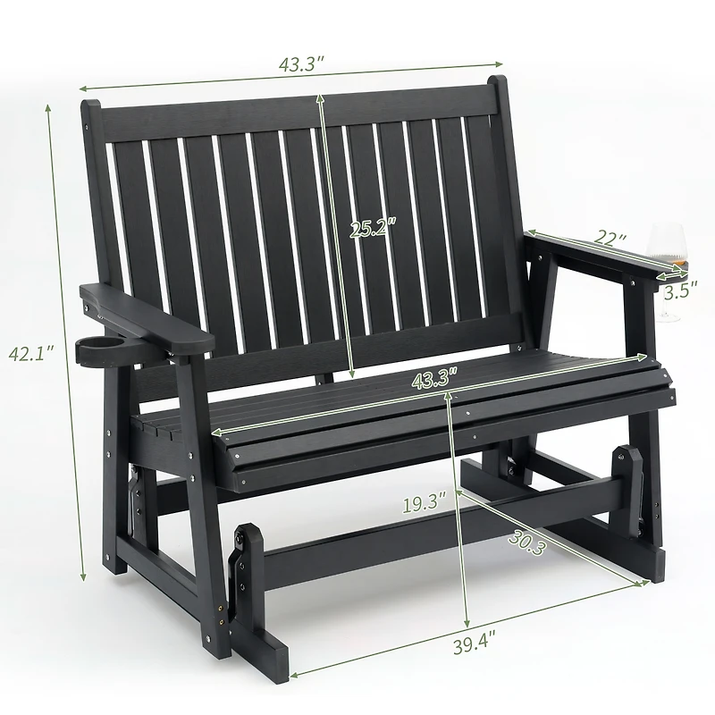 2-Seat Patio Glider Hips Rocking Chair with Removable cup holder，All-Weather Resistant Bench with Back & Hips Comfortable Support，Heavy