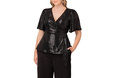 Kiyonna Women's Plus Shimmering Sequin Wrap Top