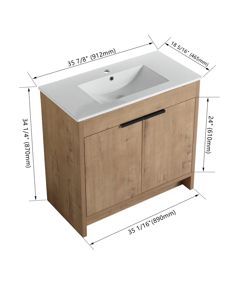 Casainc 36 Inch Freestanding Vanity with White Ceramic Sink and Soft-Close Cabinet Doors