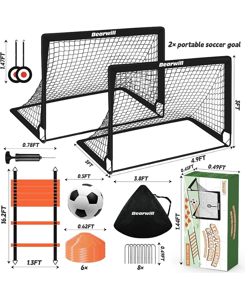 Bearwill Kids Soccer Goal Set of 2, 4x3FT Pop Up Backyard Goals with Training Kit - Includes Portable Nets, Ball, Cones, Ladder & Targets