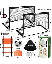 Bearwill Kids Soccer Goal Set of 2, 4x3FT Pop Up Backyard Goals with Training Kit - Includes Portable Nets, Ball, Cones, Ladder & Targets