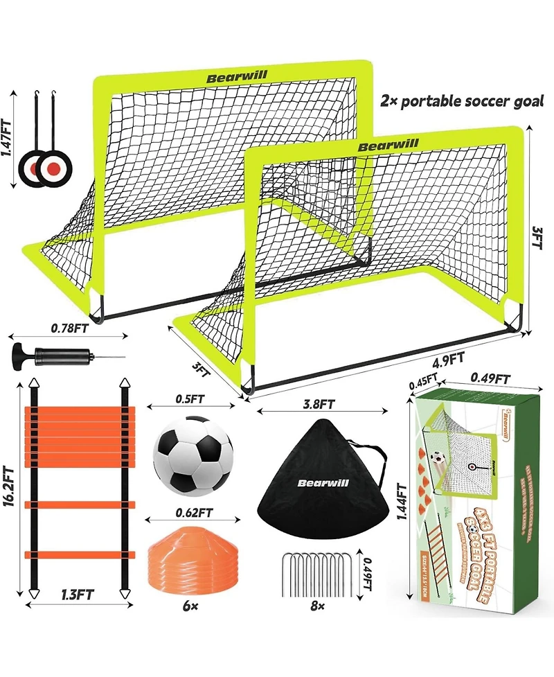 Bearwill Kids Soccer Goal Set of 2, 4x3FT Pop Up Backyard Goals with Training Kit - Includes Ball, Cones