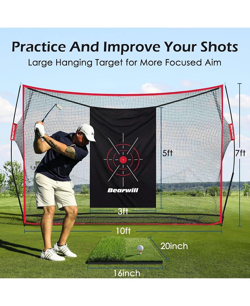 Bearwill 10x7ft Heavy Duty Golf Practice Net - Includes Mat, Target Cloth, 8 Tees, 6 Balls & Carry Bag, for Backyard, Indoor & Outdoor Training
