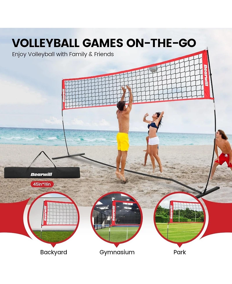 Bearwill 12FT Portable Volleyball Net Set - Freestanding, Height Adjustable, Includes Carry Bag - for Backyard, Indoor & Outdoor Practice