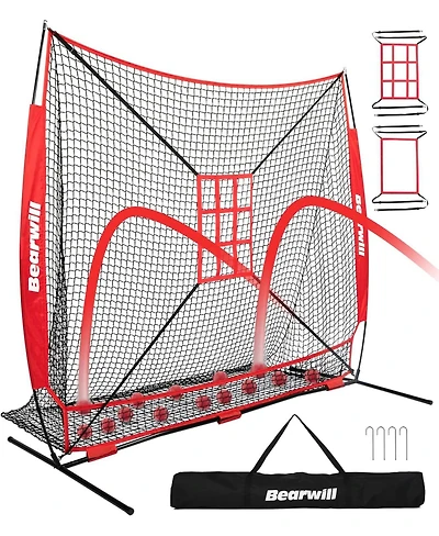 Bearwill 7x7ft Baseball & Softball Net - Pitching, Hitting & Batting Practice Net with Ball Collection System, Tee, 2 Strike Zones & Carry Bag