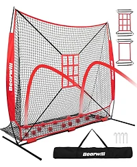 Bearwill 7x7ft Baseball & Softball Net - Pitching, Hitting & Batting Practice Net with Ball Collection System, Tee, 2 Strike Zones & Carry Bag
