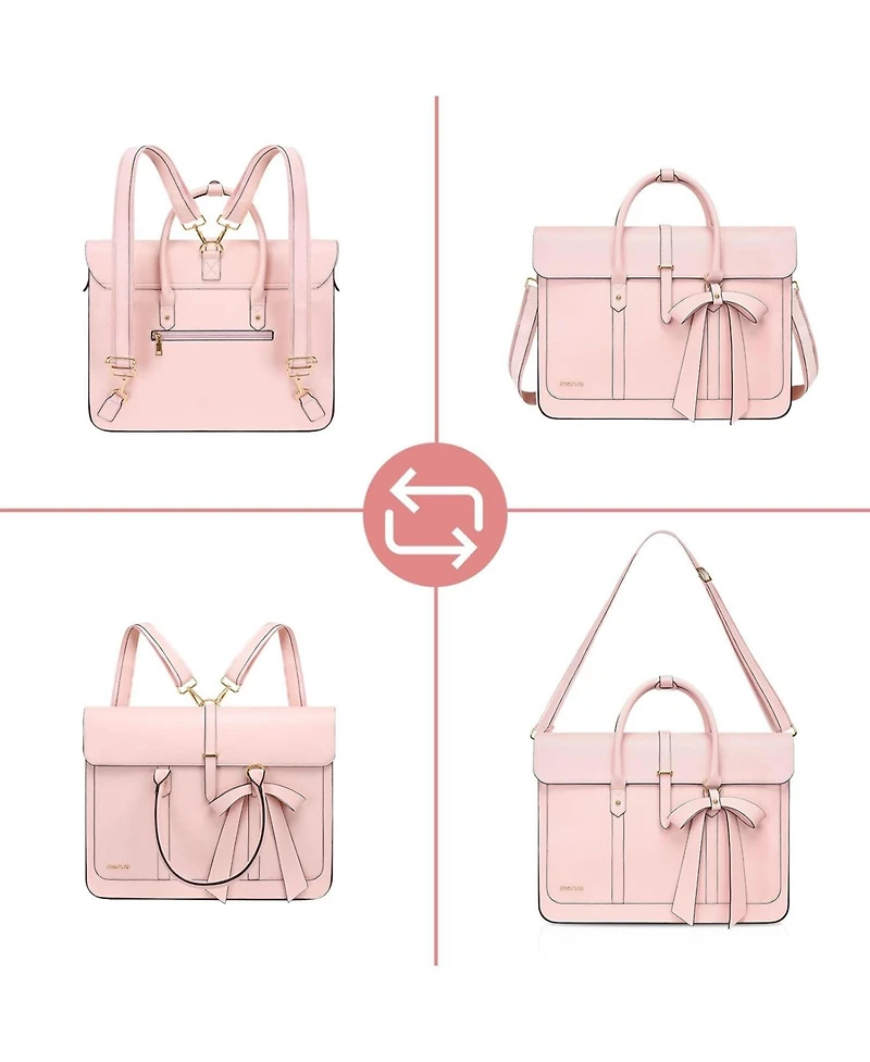 Mosiso Pink Pu Leather Laptop Bag for Women - 15-15.6 Inch Convertible Backpack & Messenger Bag, 16 Inch Work Briefcase with Bowknot
