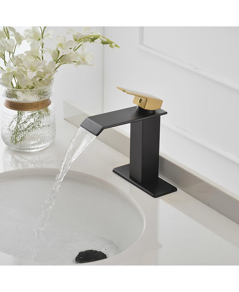 Waterfall Single Hole Single-Handle Low-Arc Bathroom Faucet With Supply Line Brushed Gold