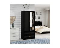 Freestanding Wardrobe Cabinet with Mirror, Clothes Rod, and Storage Drawer Space